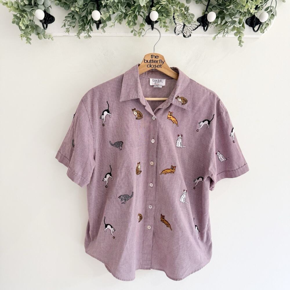 Teddi Vintage Embroidered Cat Button Down Short Sleeve T Shirt Size PL